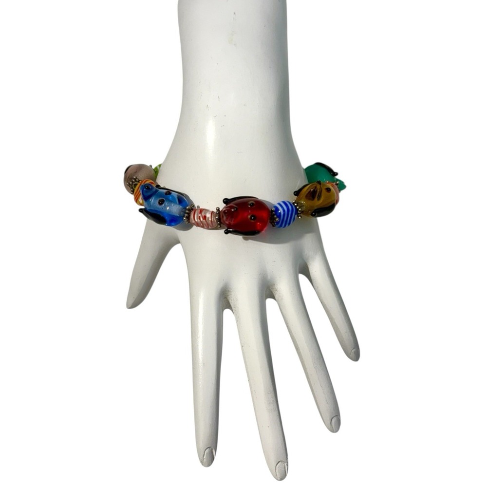 Vintage Silver Tone Unique Multicolor Glass Beads Puppy Dog Heads 8" Bracelet